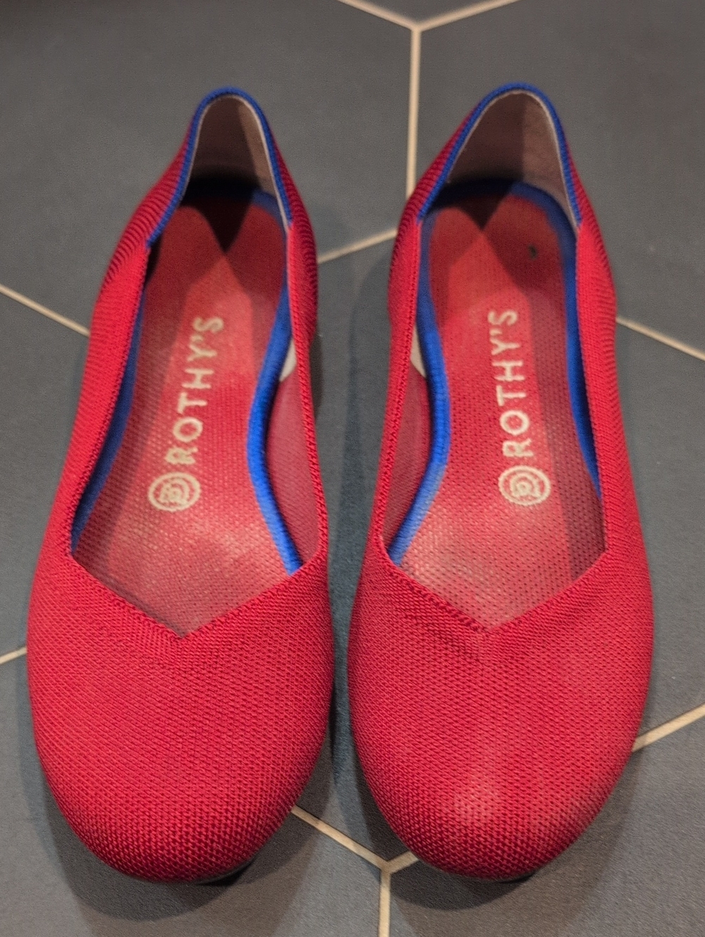 Rothy's Red Ballet Flats with Blue Trim